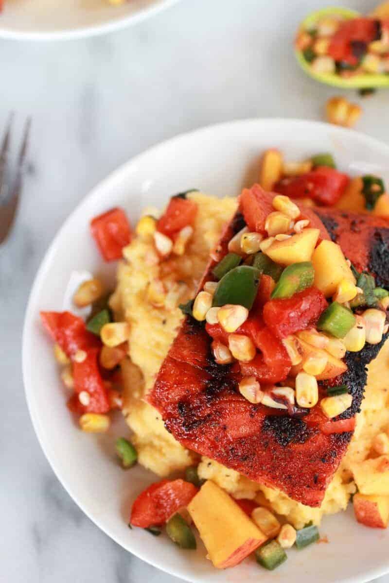 Blackened Salmon with Cheesy Polenta and Spicy Peach + Chard Corn Salsa | halfbakedharvest.com