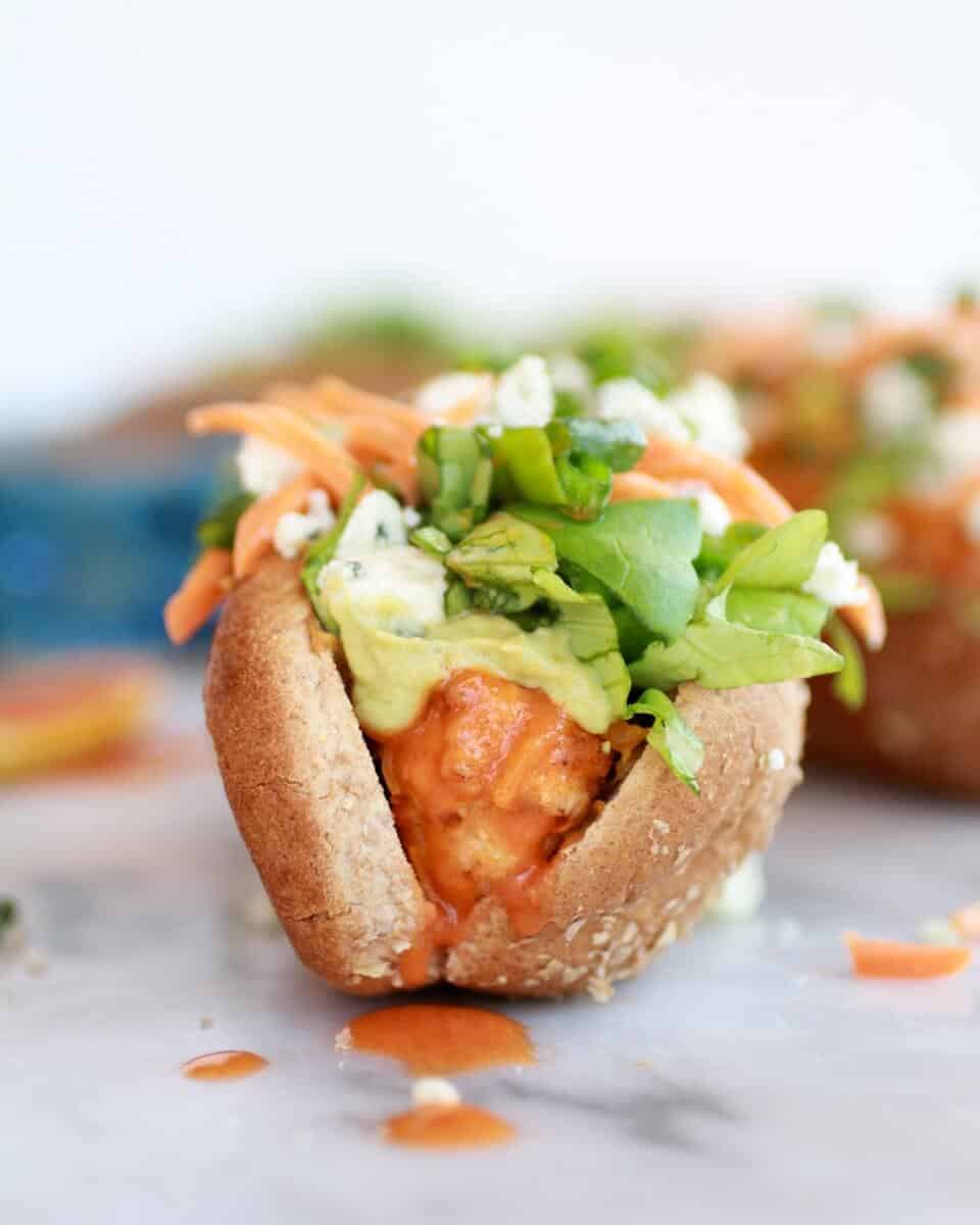 Healthy Loaded Cheddar + Blue Cheese Buffalo Chicken Dogs | halfbakedharvest.com/
