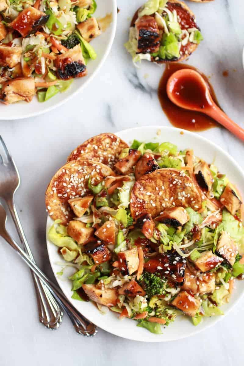 Chopped Asian BBQ Chicken Salad with Honey-Sesame Crackers | halfbakedharvest.com