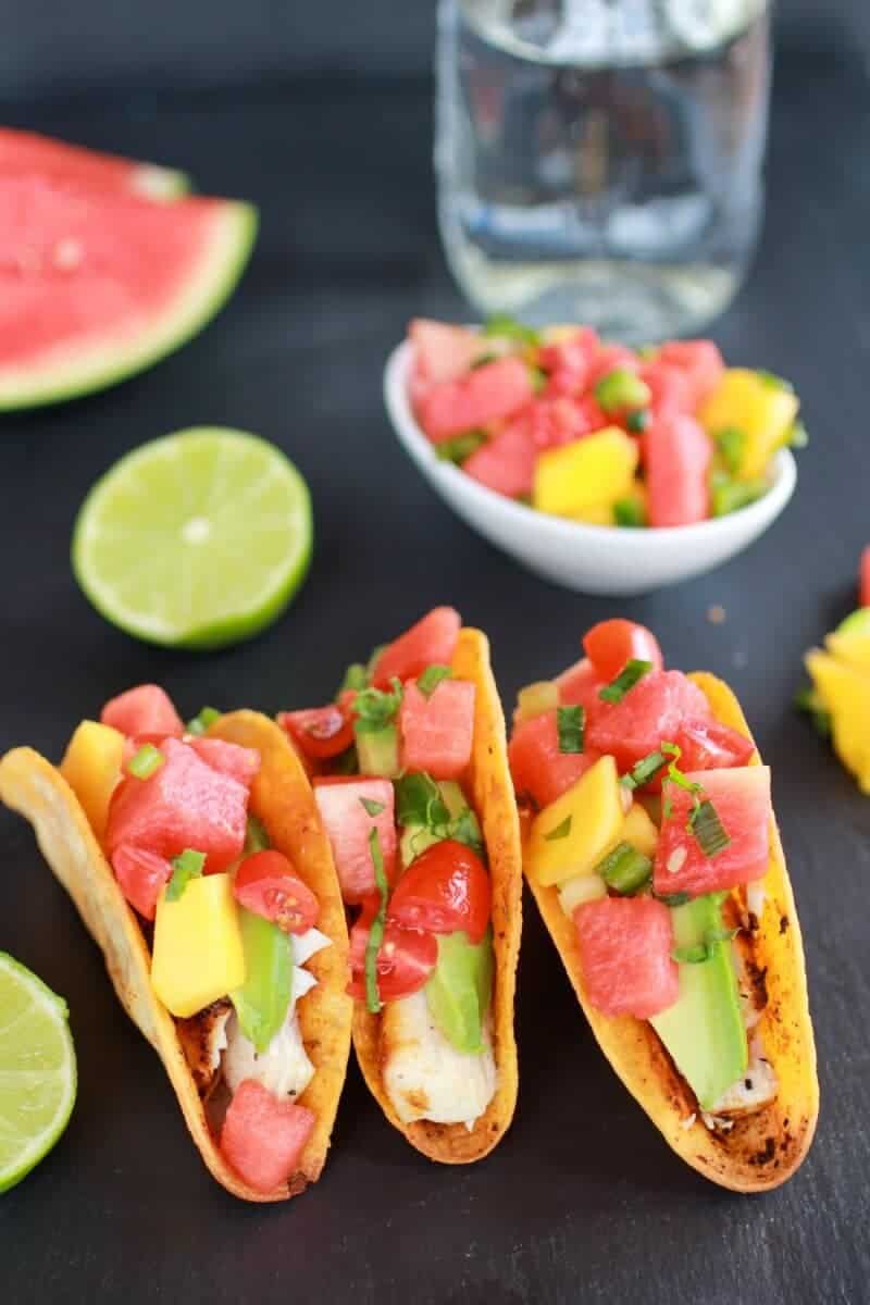 Coconut Lime Mahi Mahi Tacos with Tequila Soaked Watermelon Salsa | halfbakedharvest.com