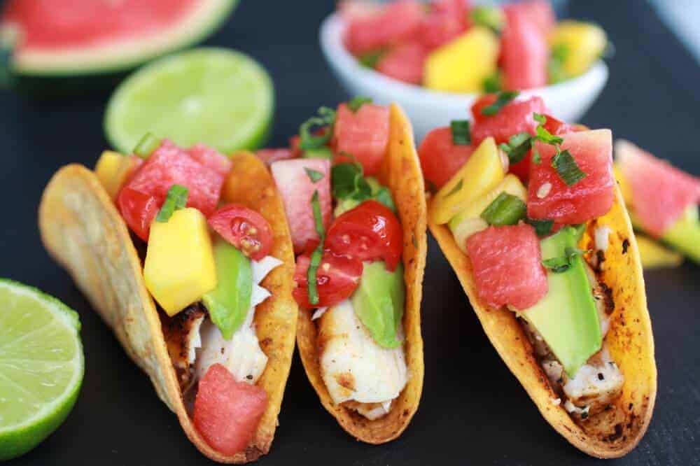 Coconut Lime Mahi Mahi Tacos with Tequila Soaked Watermelon Salsa | halfbakedharvest.com