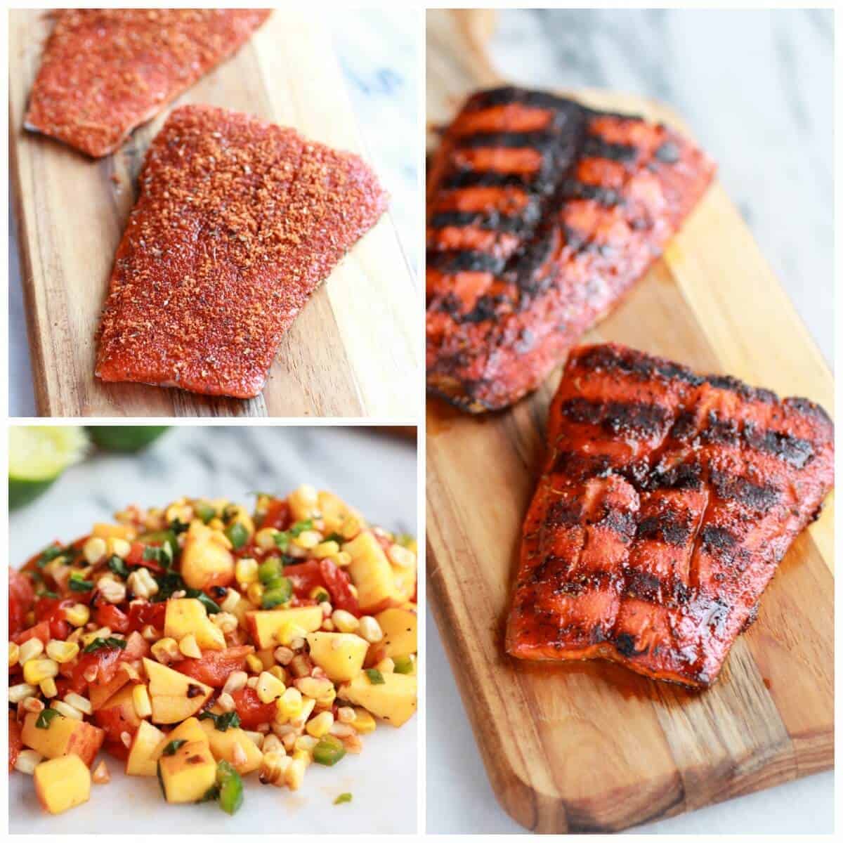 Blackened Salmon with Cheesy Polenta and Spicy Peach + Chard Corn Salsa | halfbakedharvest.com