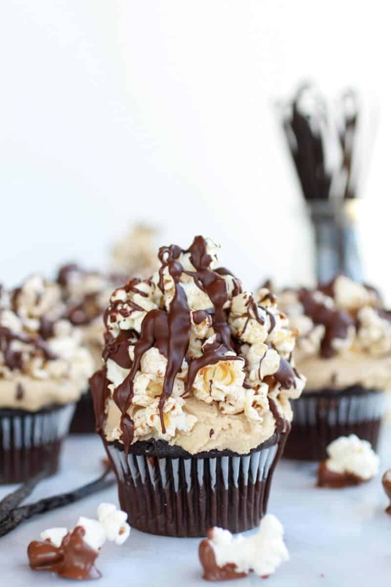 Sugared Brown Butter Vanilla Bean Popcorn Chocolate Cupcakes | halfbakedharvest.com