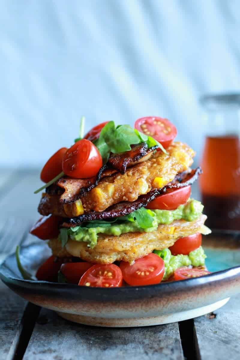 Avocado and Gouda BLT Corn Fritter Stacks with Chipotle Bourbon Dressing | halfbakedharvest.com