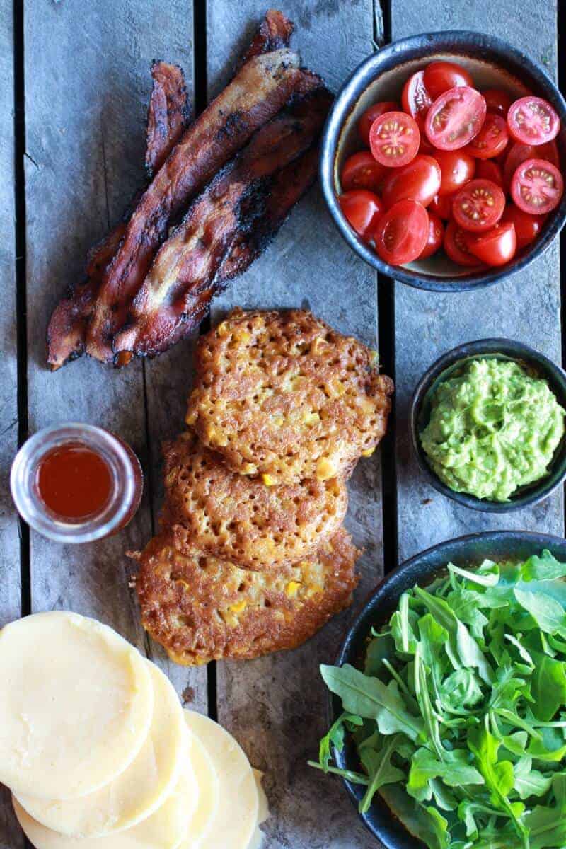 Avocado and Gouda BLT Corn Fritter Stacks with Chipotle Bourbon Dressing | halfbakedharvest.com