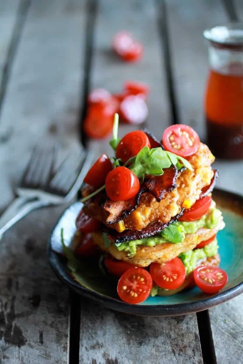 Avocado and Gouda BLT Corn Fritter Stacks with Chipotle Bourbon Dressing | halfbakedharvest.com