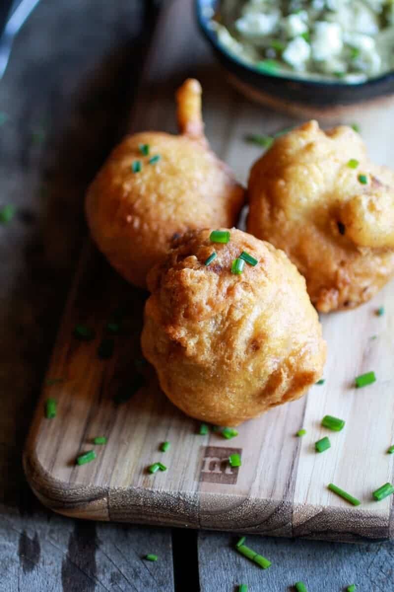 Blue Cheese Lobster Beignets with Spicy Avocado Cream + Garden Veggie Sauté | halfbakedharvest.com