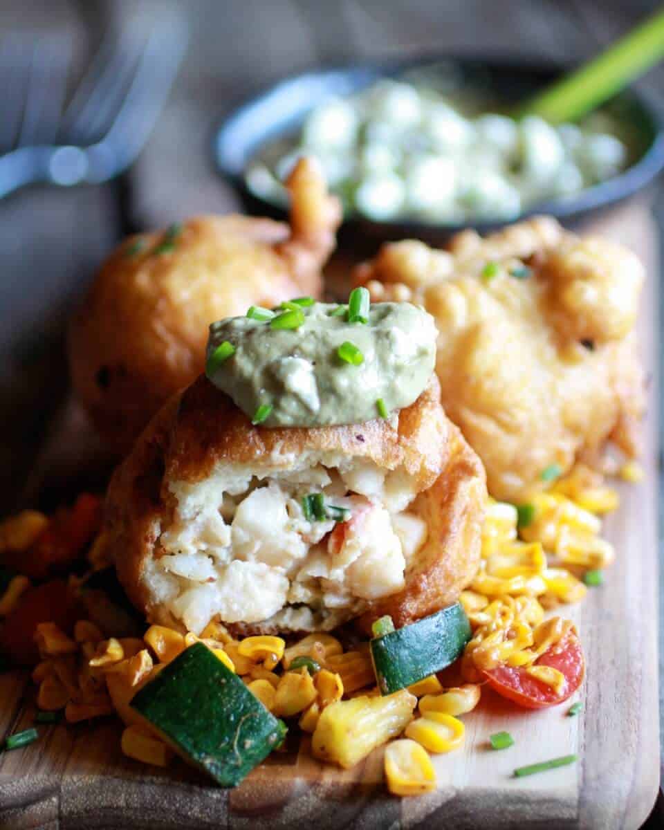 Blue Cheese Lobster Beignets with Spicy Avocado Cream + Garden Veggie Sauté | halfbakedharvest.com