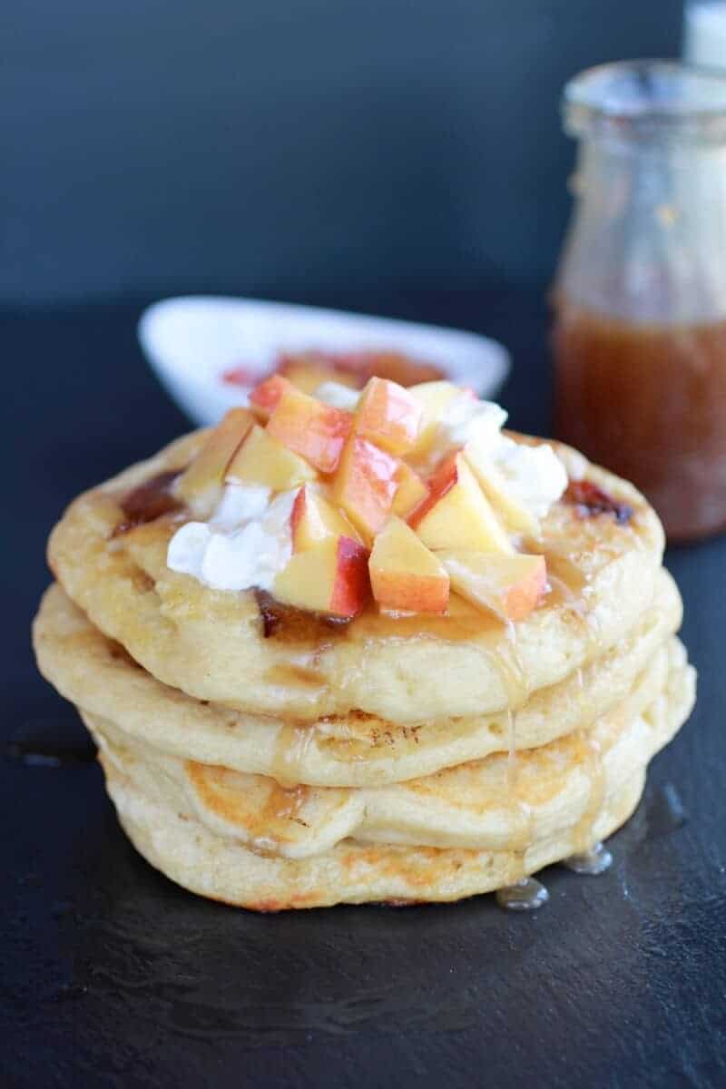 Bourbon Peaches and Coconut Cream Pancakes with Bourbon Cream Syrup | halfbakedharvest.com
