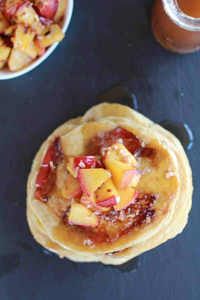Bourbon Peaches and Coconut Cream Pancakes with Bourbon Cream Syrup | halfbakedharvest.com