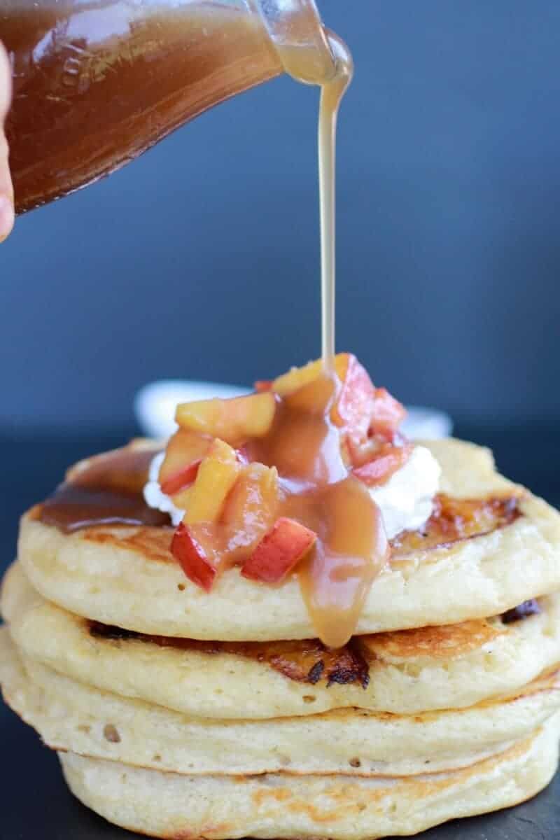 Bourbon Peaches and Coconut Cream Pancakes with Bourbon Cream Syrup | halfbakedharvest.com