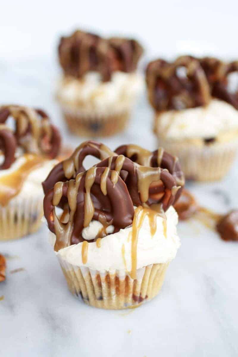 Chocolate Covered Pretzel Peanut Butter Cupcakes with Butterscotch Frosting | halfbakedharvest.com