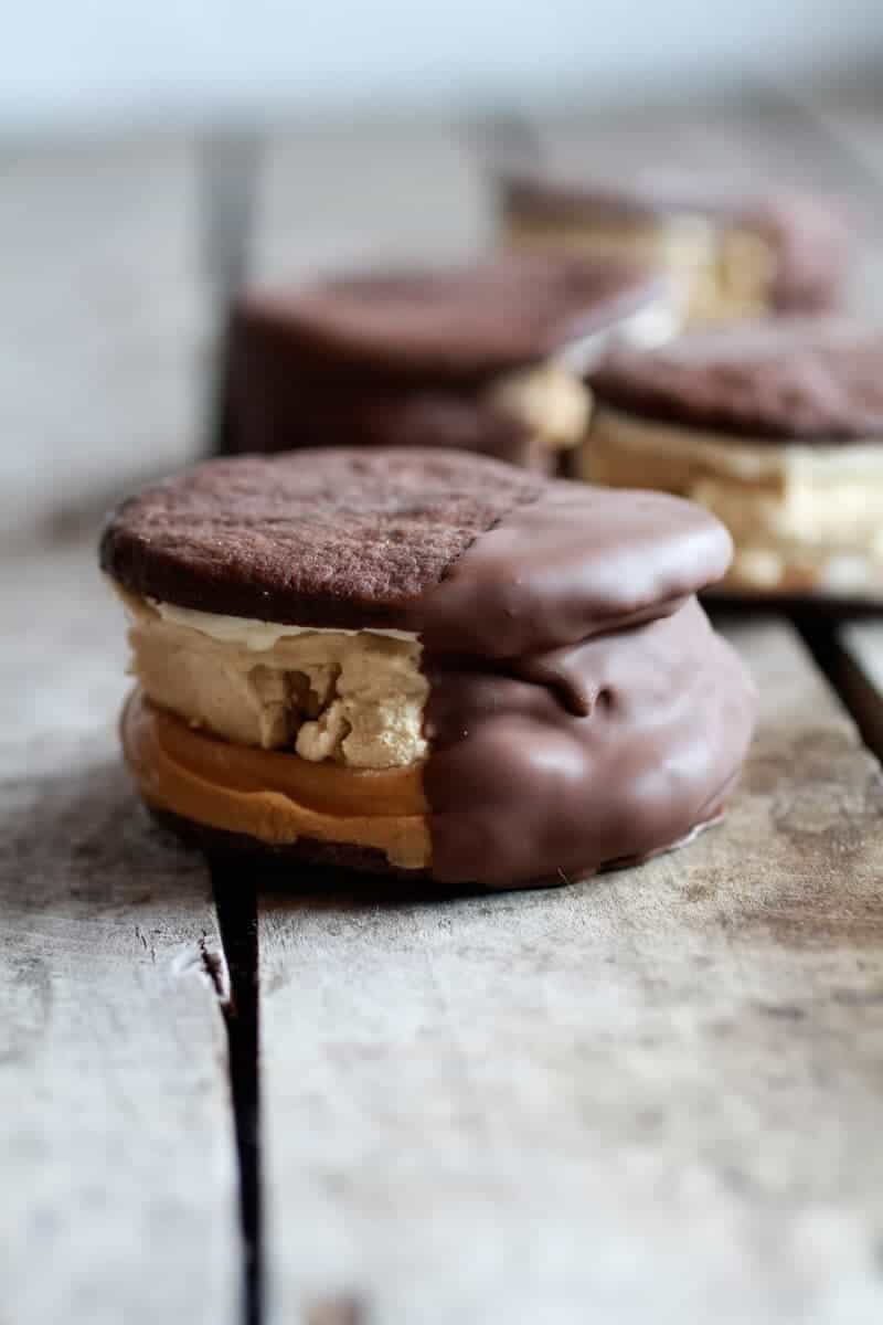 Chocolate Dipped Homemade Peanut Butter Oreo Mocha Ice Cream Sandwiches | halfbakedharvest.com