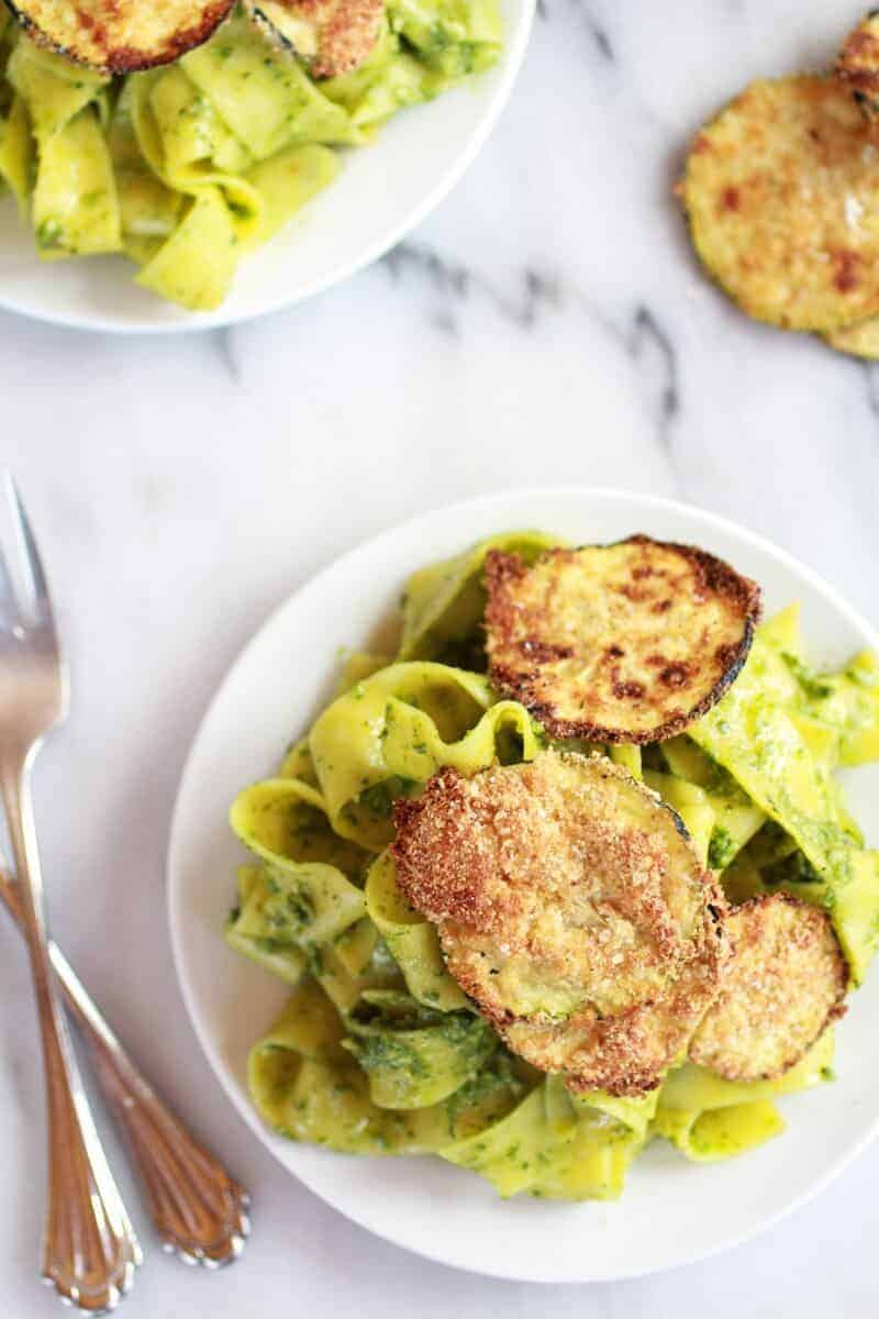 Fried Zucchini + Mint and Pistachio Pesto Pappardelle Pasta | halfbakedharvest.com