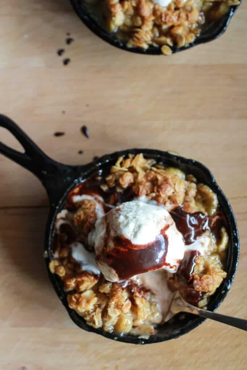 Oatmeal Cookie Banana Crisp with Chocolate Kahlua Sauce | halfbakedharvest.com