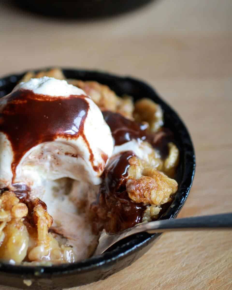 Oatmeal Cookie Banana Crisp with Chocolate Kahlua Sauce | halfbakedharvest.com