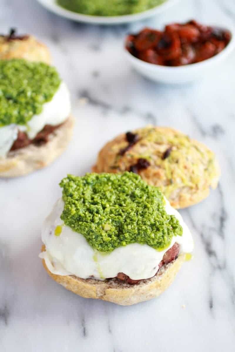 Pesto Protobella Mushroom or Chicken Burgers with Marinated Roasted Tomatoes | halfbakedharvest.com