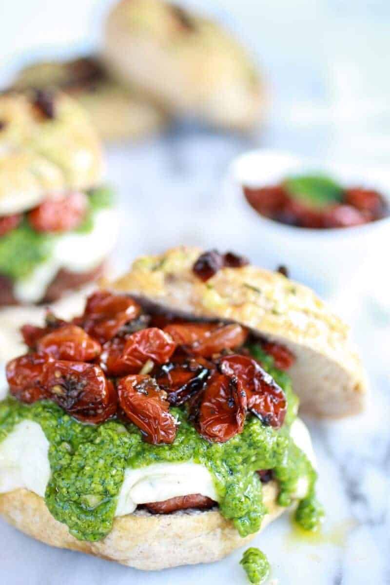 Pesto Protobella Mushroom or Chicken Burgers with Marinated Roasted Tomatoes | halfbakedharvest.com