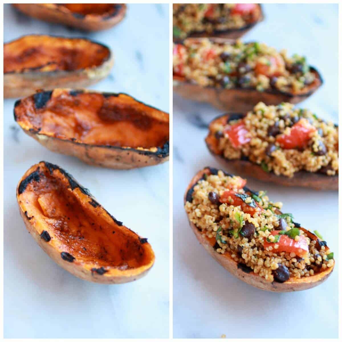 Grilled Tex-Mex Quinoa Stuffed Sweet Potatoes Skins || halfbakedharvest.com