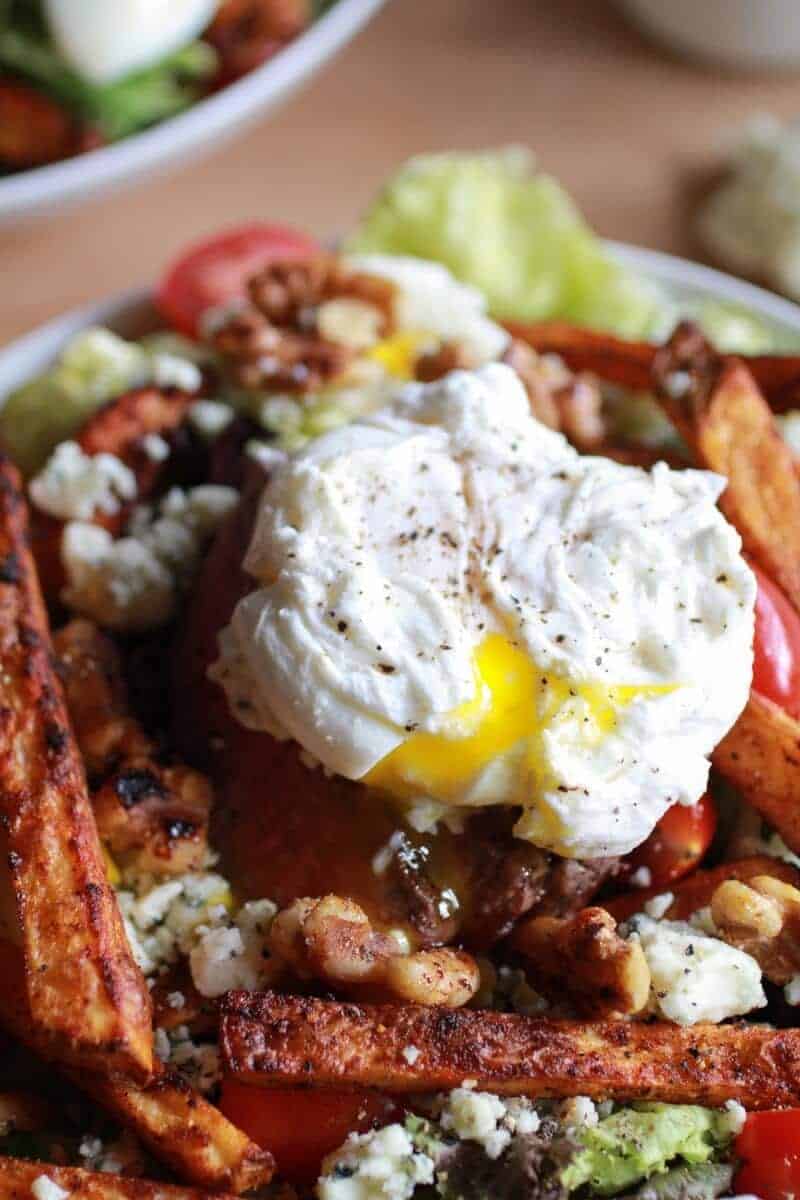 Steak and French Fry Salad with Blue Cheese Butter + Poached Eggs | halfbakedharvest.com