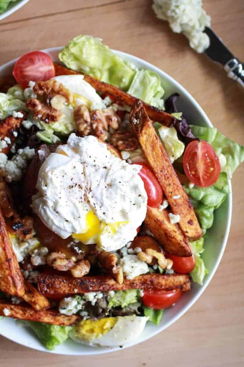 Steak and French Fry Salad with Blue Cheese Butter + Poached Eggs | halfbakedharvest.com