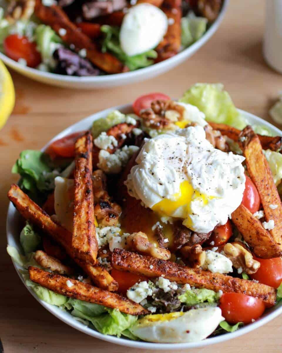 Steak and French Fry Salad with Blue Cheese Butter + Poached Eggs | halfbakedharvest.com