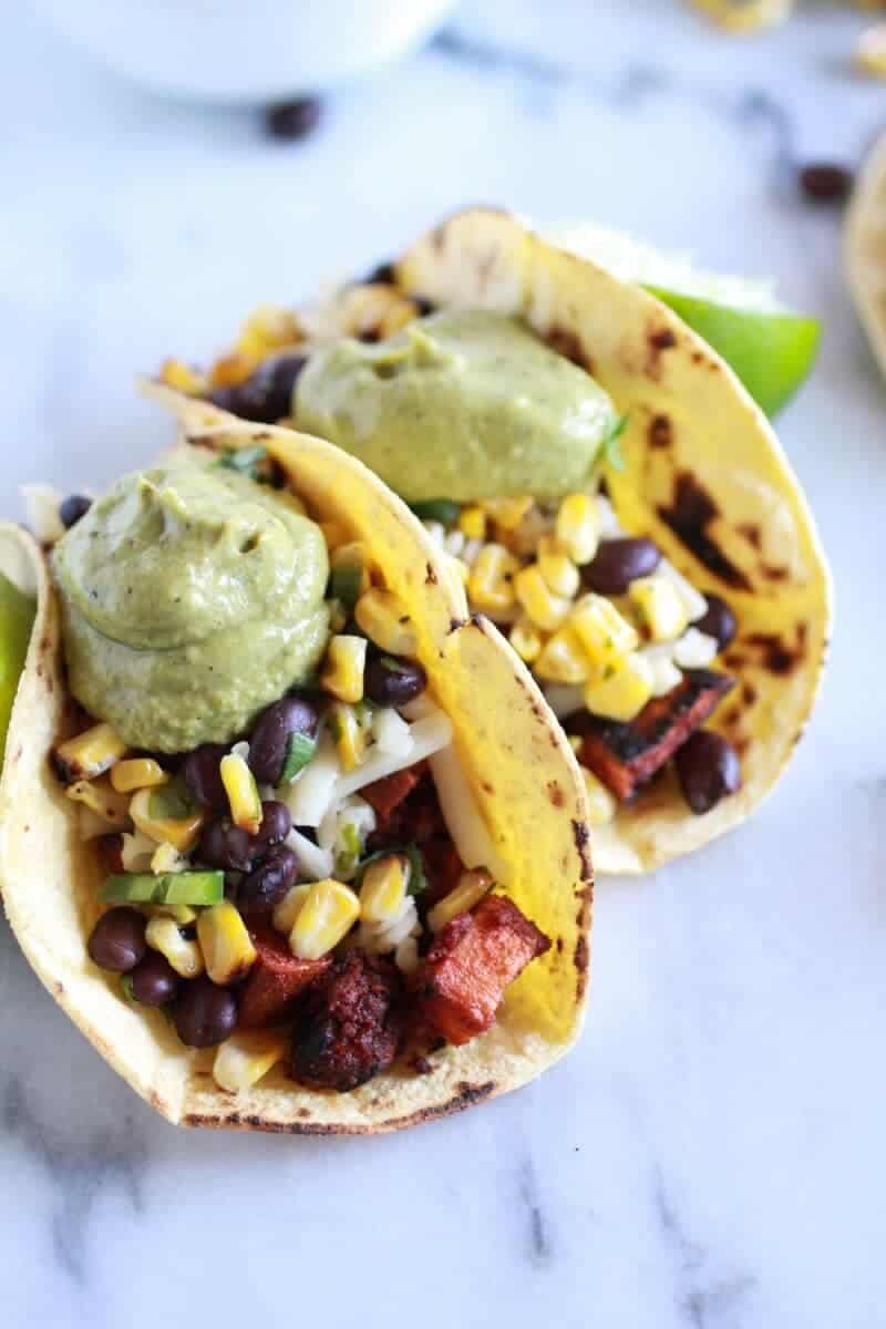 Sweet potato + Chorizo Tacos with Black Bean Salsa and Roasted Poblano Avocado Crema | halfbakedharvest.com