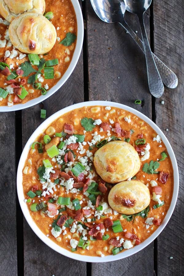 Buffalo Chicken Corn Chowder with Blue Cheese Gougères | halfbakedharvest.com