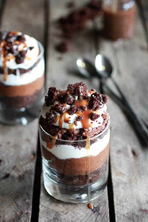 Chocolate Lovers Triple Layer Coffee Caramel Chocolate Mousse Cakes | halfbakedharvest.com