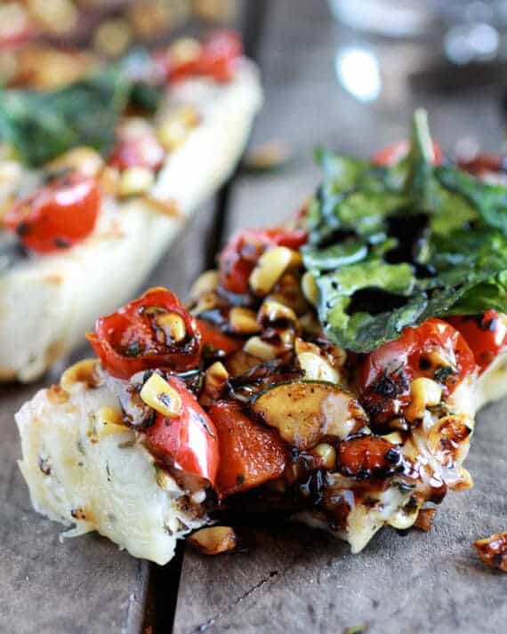 Simple Crispy Basil Caramelized Garden Vegetable + Fontina French Bread Pizza | halfbakedharvest.com