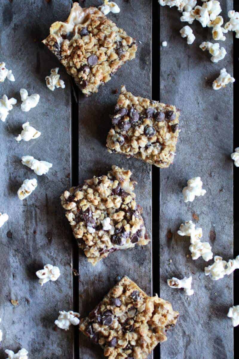 Fudge Brownie, Caramel, Popcorn + Oatmeal Cookie Crumble 7 Layer Bars | halfbakedharvest.com