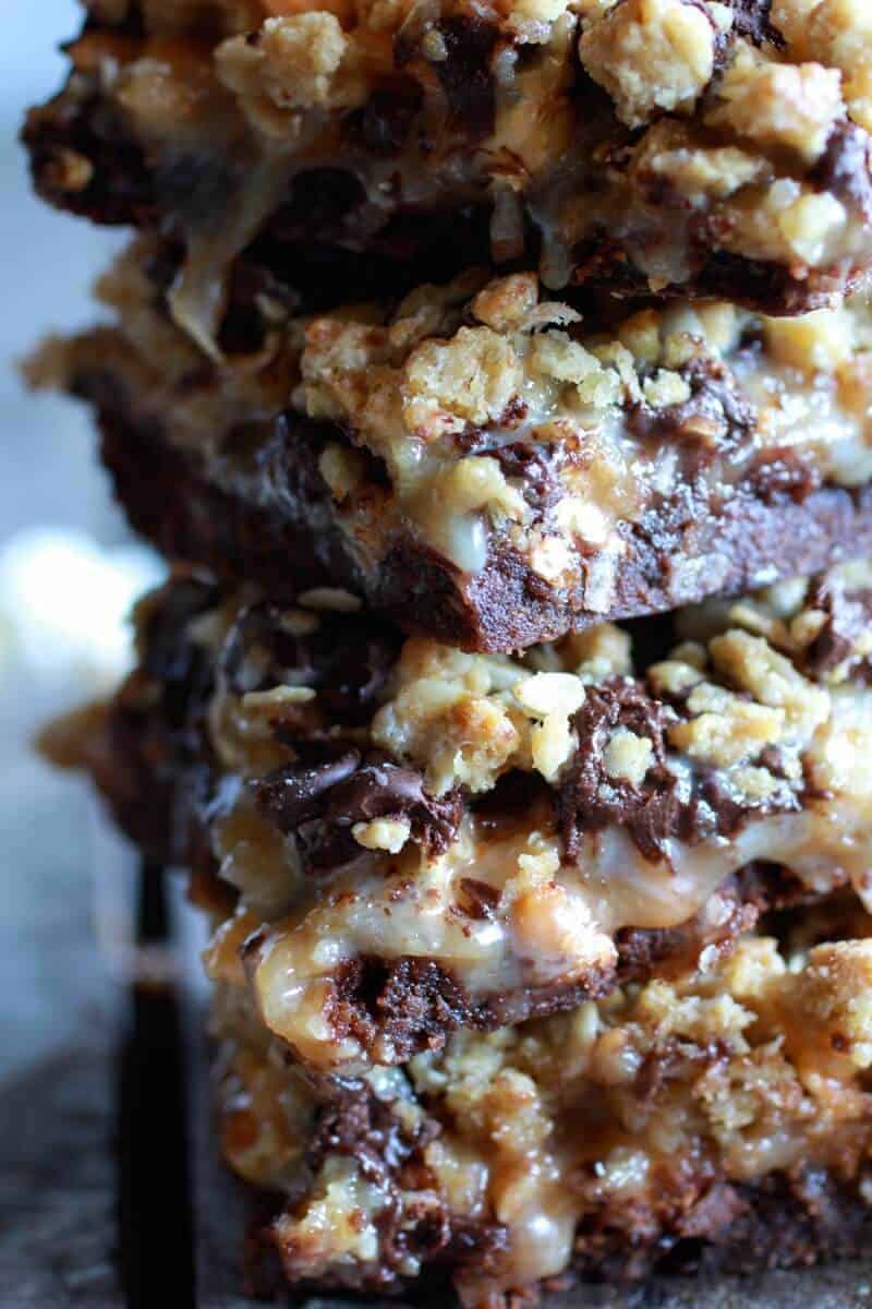 Fudge Brownie, Caramel, Popcorn + Oatmeal Cookie Crumble 7 Layer Bars | halfbakedharvest.com