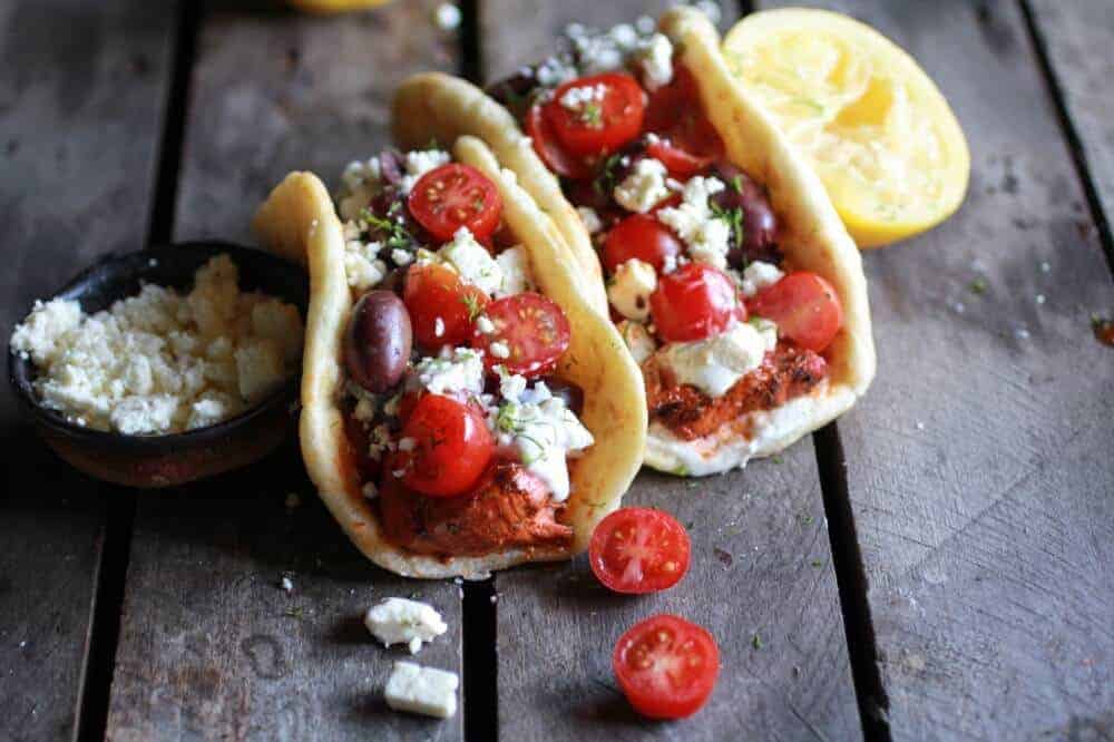 Greek Salmon Souvlaki Gyros with Tzatziki | halfbakedharvest.com