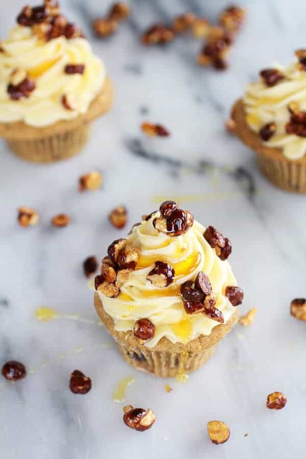 Honey Toasted Hazelnut Chocolate Chunk Cupcakes with Boozy Honey Buttercream Frosting | halfbakedharvest.com