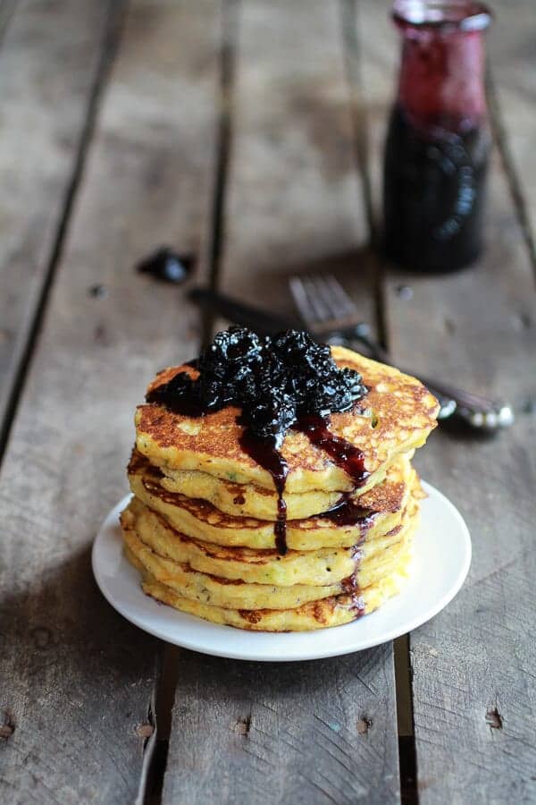 Jalapeño Cheddar Cornbread Pancakes with Roasted Blueberry Honey Syrup | halfbakedharvest.com