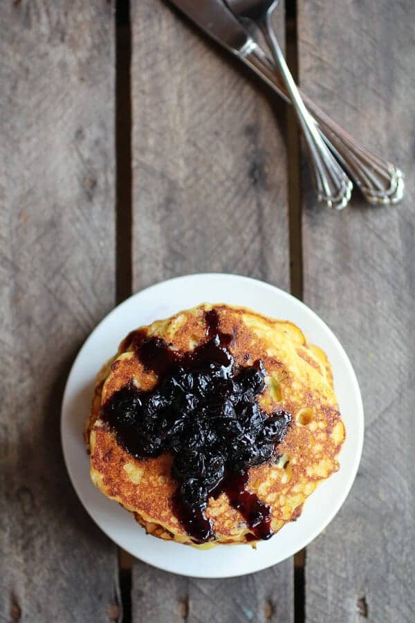Jalapeño Cheddar Cornbread Pancakes with Roasted Blueberry Honey Syrup | halfbakedharvest.com