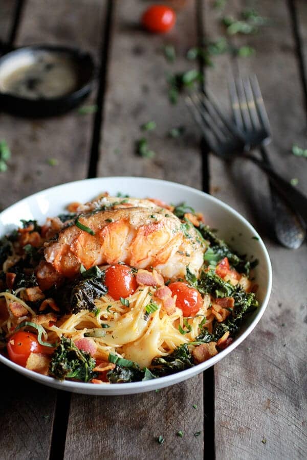 Brown Butter Lobster, Bacon + Crispy Kale and Fontina Pasta | halfbakedharvest.com