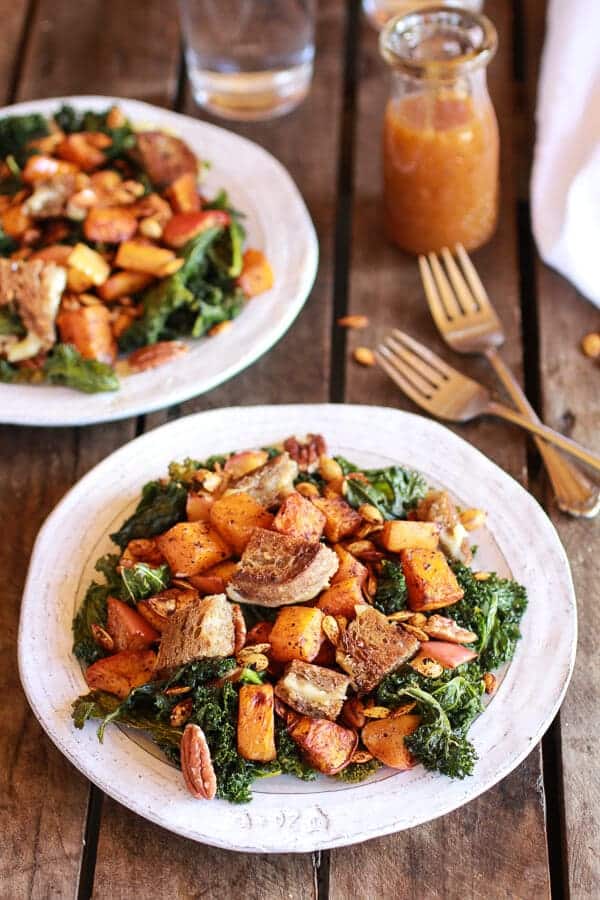 Crispy Kale Roasted Autumn Salad with Brie Grilled Cheese Croutons | halfbakedharvest.com