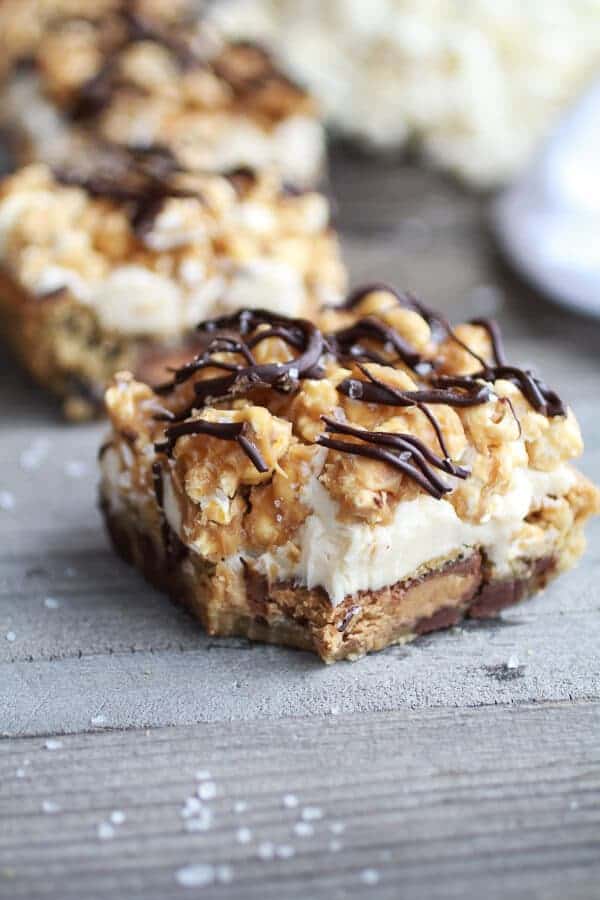 Peanut Butter Cup Cookies & Cream Salted Caramel Popcorn Bars | halfbakedharvest.com