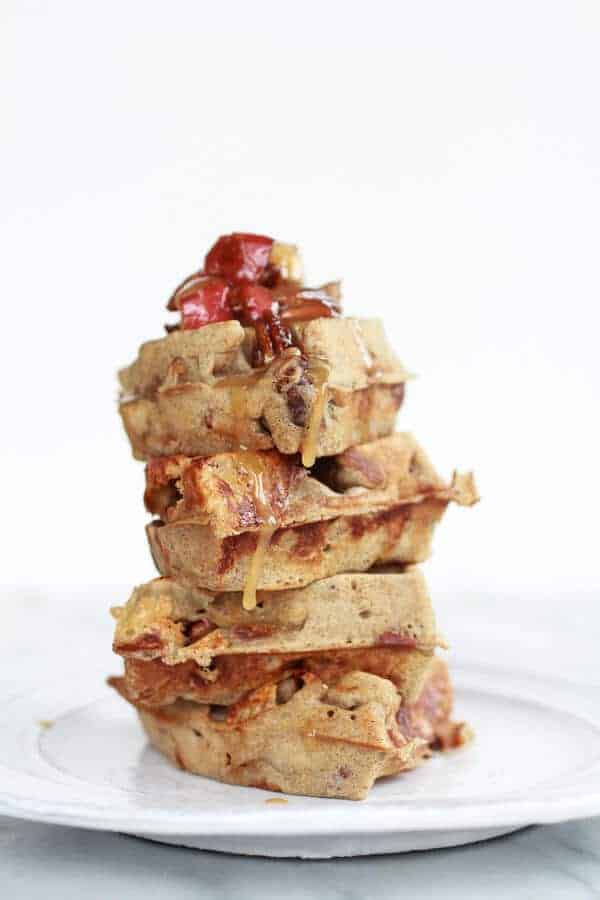 Roasted Apple Pecan and Brie Buckwheat Waffles with Bourbon Caramel Drizzle | halfbakedharvest.com