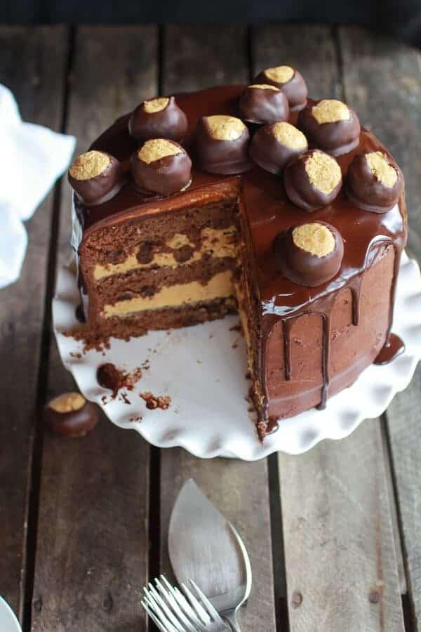 Ultimate Triple Layer Chocolate Bourbon Peanut Butter Buckeye Cake | halfbakedharvest.com
