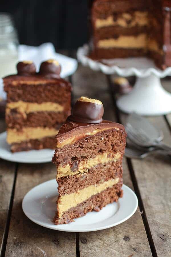 Ultimate Triple Layer Chocolate Bourbon Peanut Butter Buckeye Cake | halfbakedharvest.com