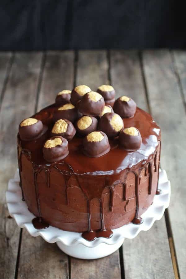Ultimate Triple Layer Chocolate Bourbon Peanut Butter Buckeye Cake | halfbakedharvest.com