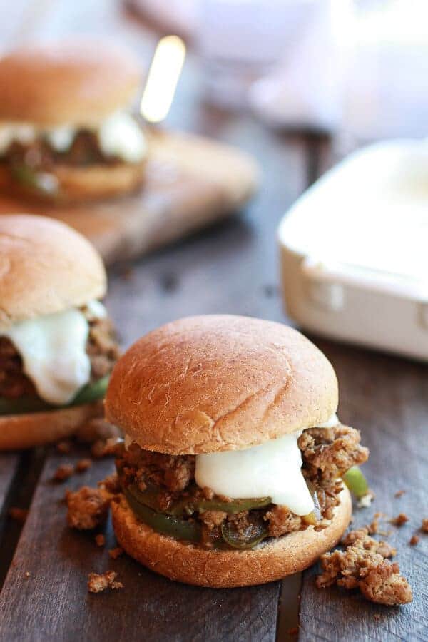 20 Minute Chicken Cheesesteak Sloppy Joe Sliders | halfbakedharvest.com