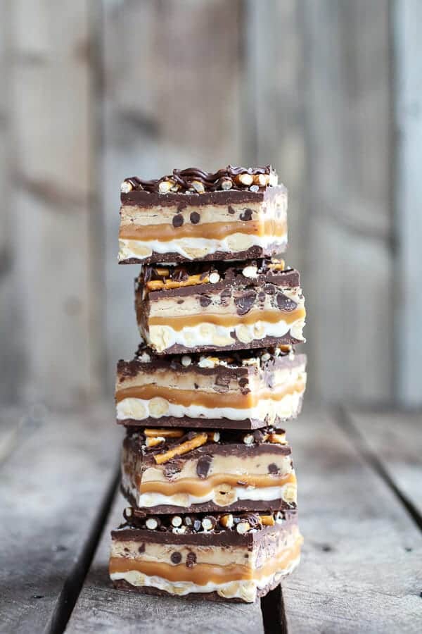 Salted Pretzel Chocolate Chip Cookie Dough Snickers Bars | halfbakedharvest.com