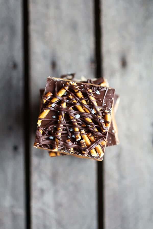 Salted Pretzel Chocolate Chip Cookie Dough Snickers Bars | halfbakedharvest.com