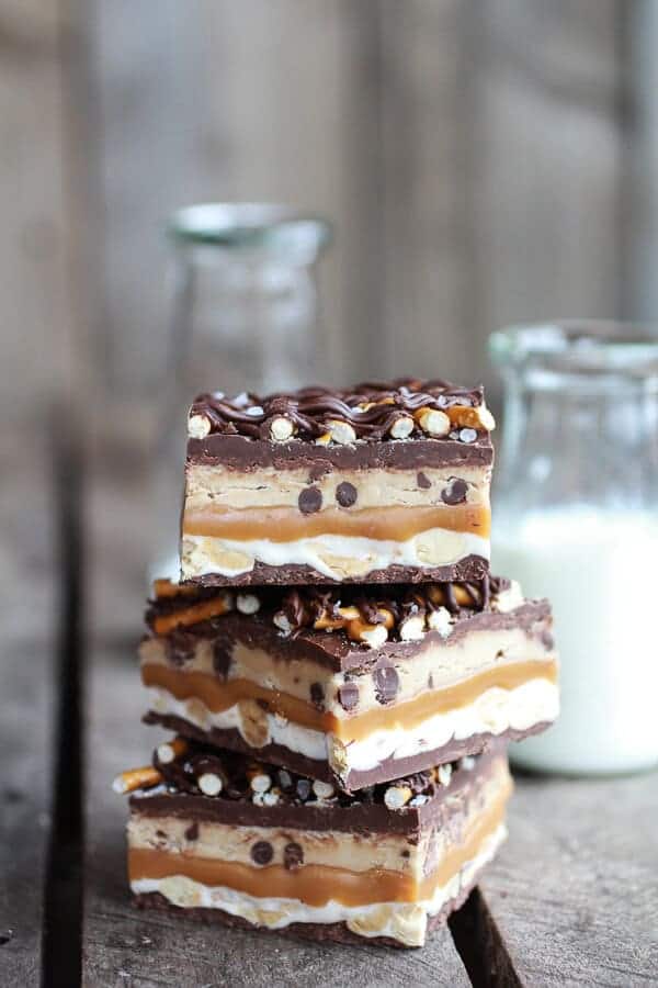 Salted Pretzel Chocolate Chip Cookie Dough Snickers Bars | halfbakedharvest.com