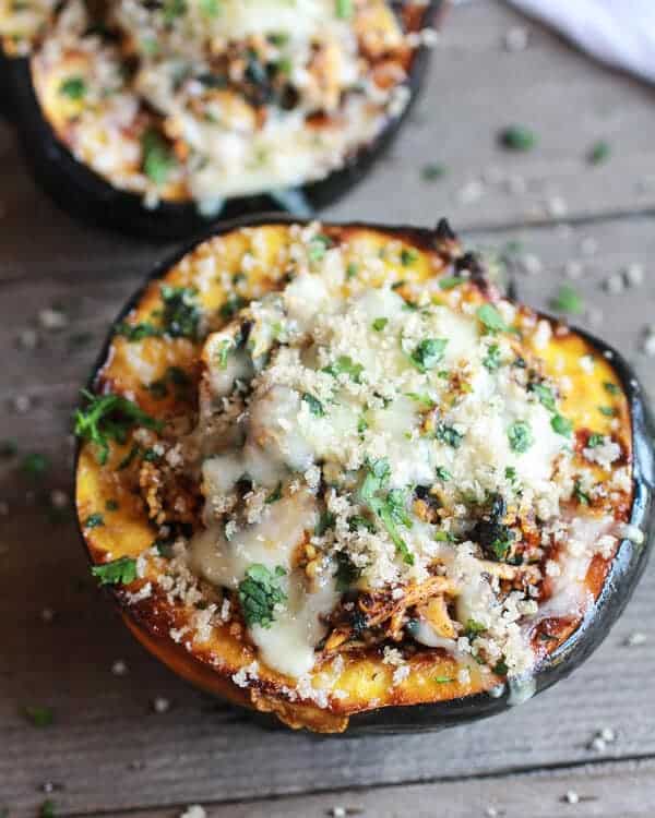 Chipotle Chicken Stuffed Brown Sugar Roasted Acorn Squash | halfbakedharvest.com