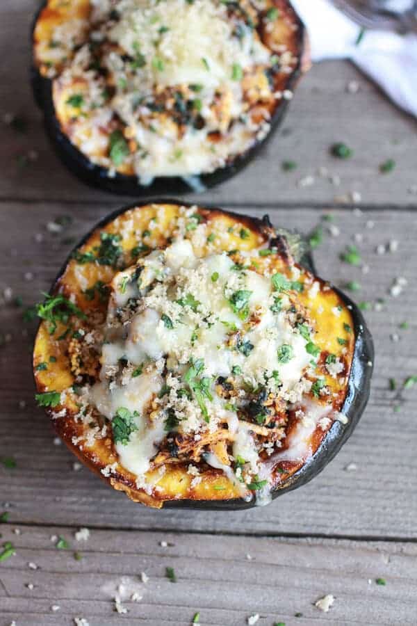 Chipotle Chicken Stuffed Brown Sugar Roasted Acorn Squash | halfbakedharvest.com