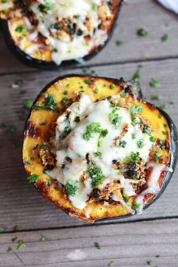 Chipotle Chicken Stuffed Brown Sugar Roasted Acorn Squash | halfbakedharvest.com
